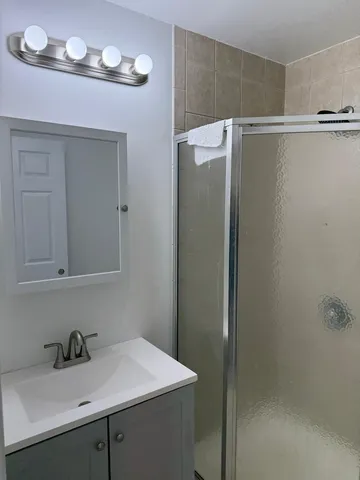 a bathroom with a sink and mirror