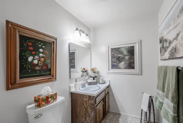 a bathroom with a sink mirror and vanity