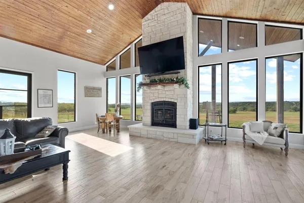 a living room with furniture fireplace and flat screen tv