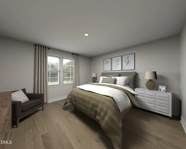 a bedroom with a bed a painting and a window