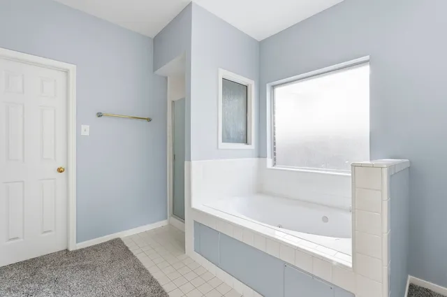 a bathroom with a bathtub and a shower