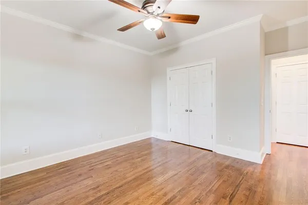 a view of a porch with wooden floor