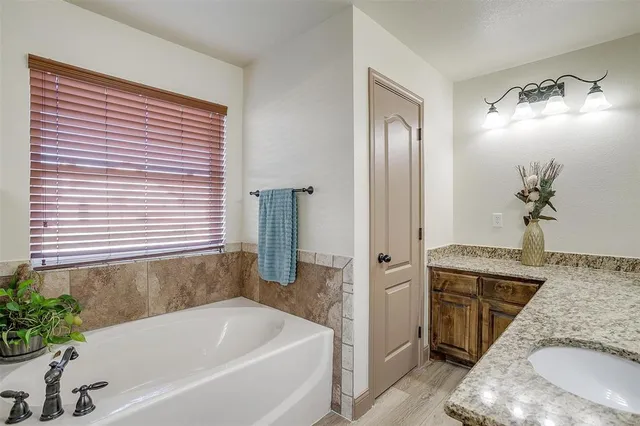 a bathroom with a granite countertop sink and a bathtub
