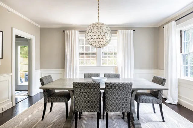 a view of a dining room with furniture windows and wooden floor