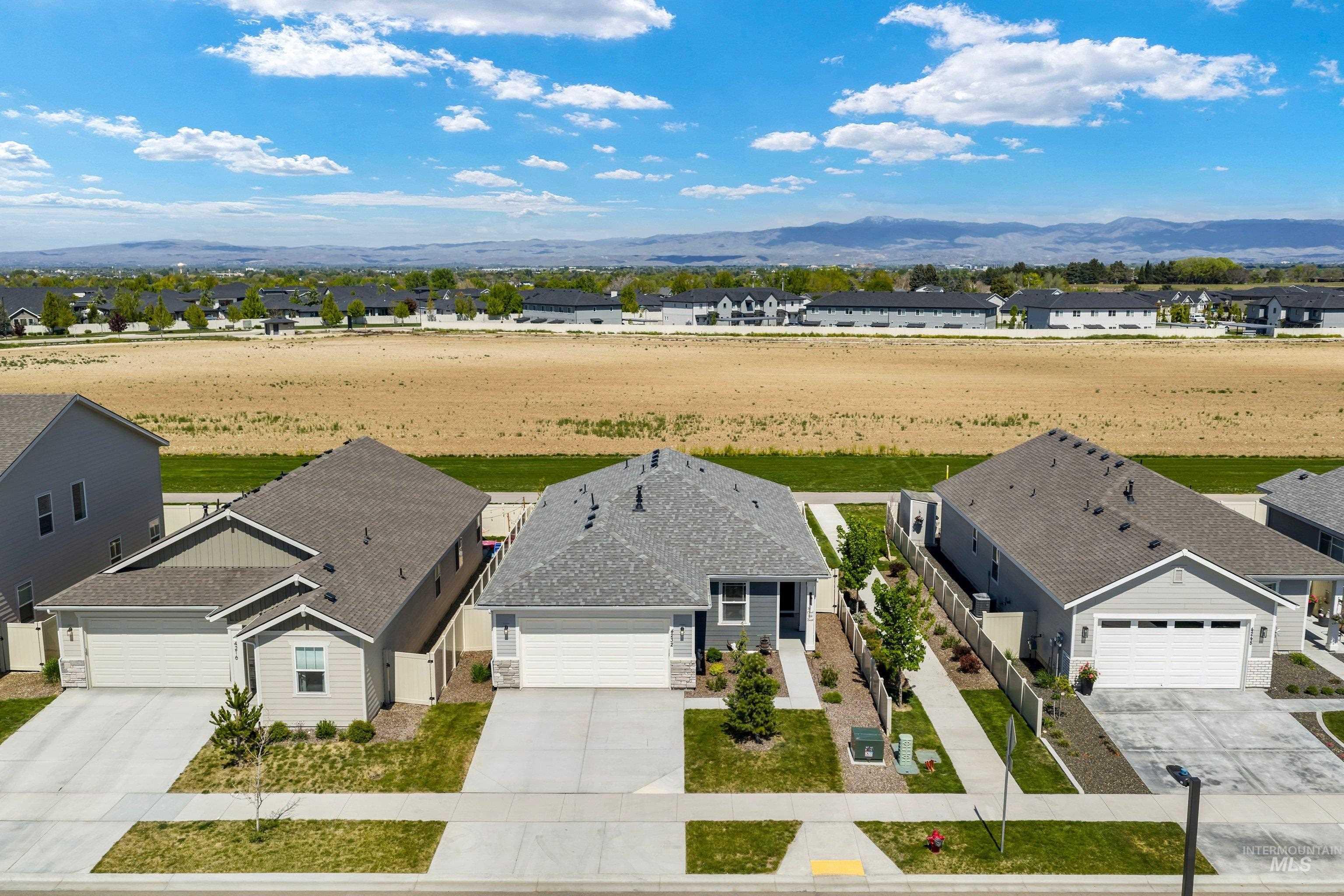 4232 South Graycliff Way Meridian, ID 83642 - Photo 2 of 34 Contemporary single-story residence featuring a two-car garage, concrete driveway, and a fenced backyard