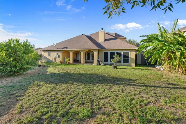 a view of a large garden with plants and large trees