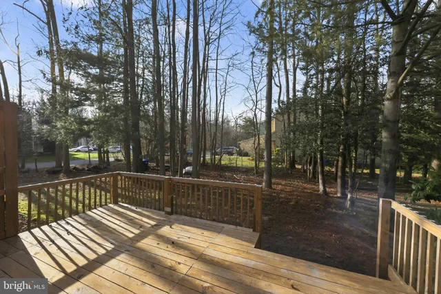 a view of a wooden deck with trees