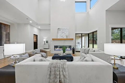 a living room with furniture a fireplace and a large mirror