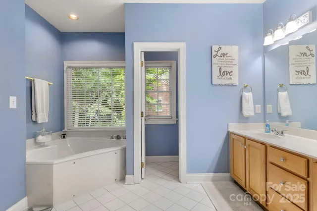 a bathroom with a tub sink and mirror