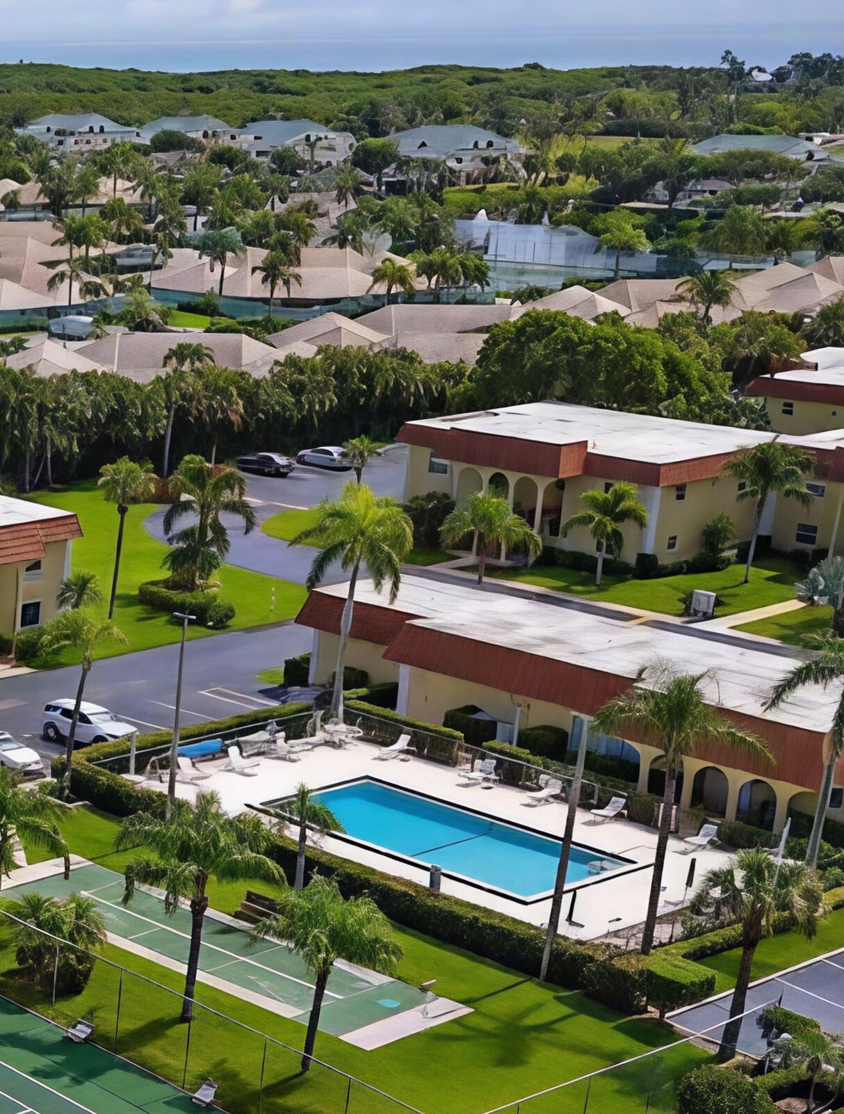 717 Highway 1, Unit 812 Jupiter, FL 33477 - Photo 28 of 41 a view of a swimming pool with lawn chairs under an umbrella