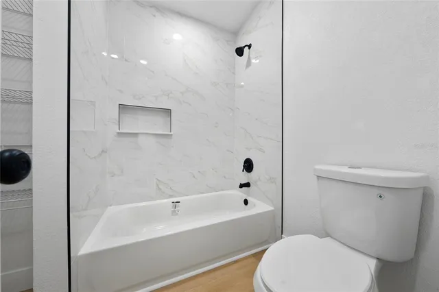 a bathroom with a toilet and a bathtub