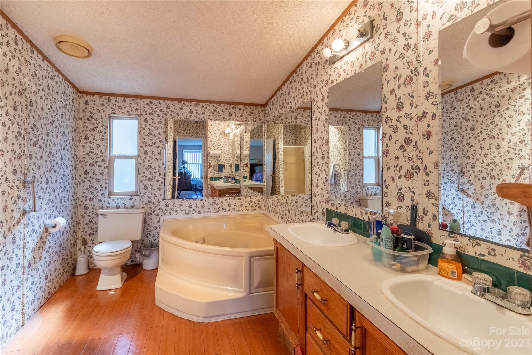 170 Painter Street Sylva, NC 28779 - Photo 15 of 48 a bathroom with a double vanity sink toilet mirror and bathtub