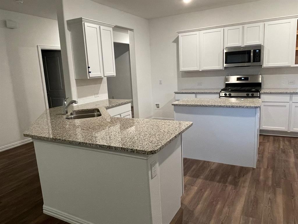 3700 Milkweed Road McKinney, TX 75071 - Photo 17 of 18 Kitchen featuring wood-finish flooring, white cabinetry, speckled countertops, stainless steel appliances, and a double basin sink