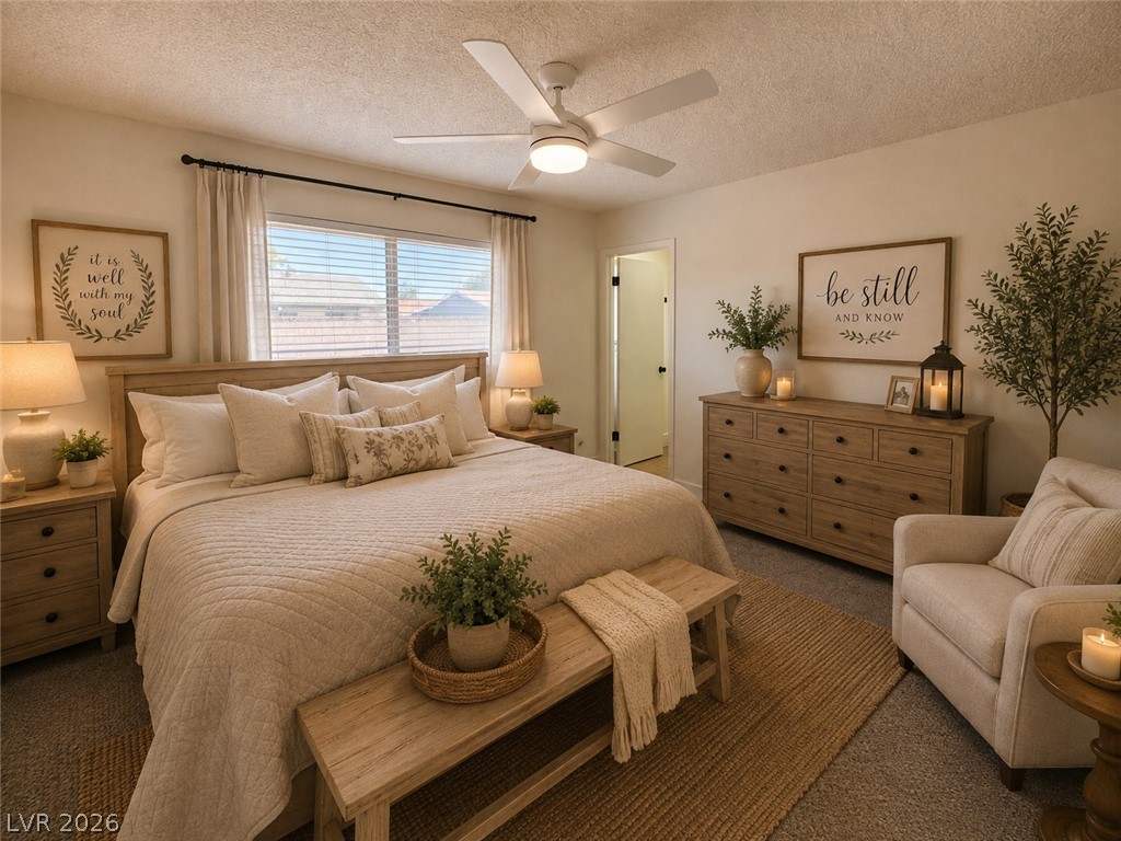 4048 Maple Hill Road Las Vegas, NV 89115 - Photo 14 of 40 Virtually Staged. Spacious primary bedroom and bathroom with new ceiling fan, window blinds, and carpet.