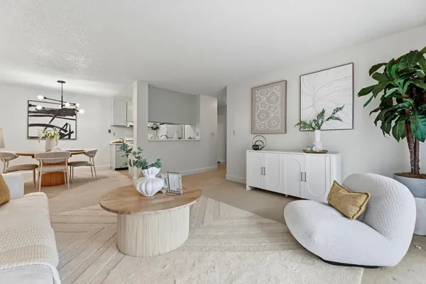 a living room with furniture and a potted plant