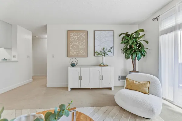a living room with furniture and a potted plant