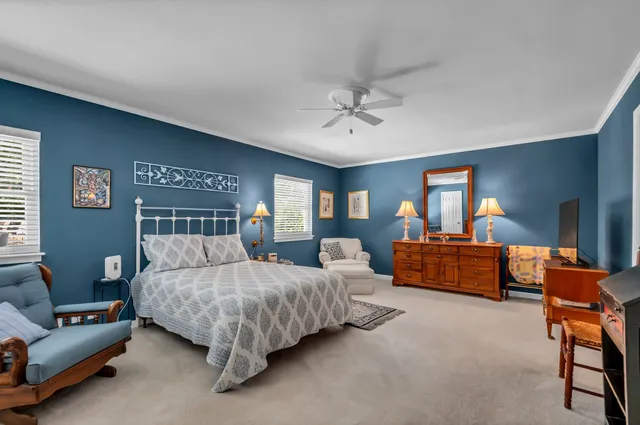 a bedroom with a bed and a couch