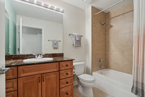 a bathroom with a sink a toilet and shower a mirror
