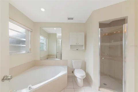 a bathroom with a bathtub shower sink vanity and toilet
