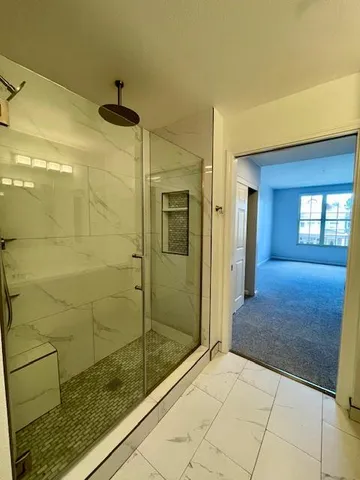 a bathroom with a shower and a sink