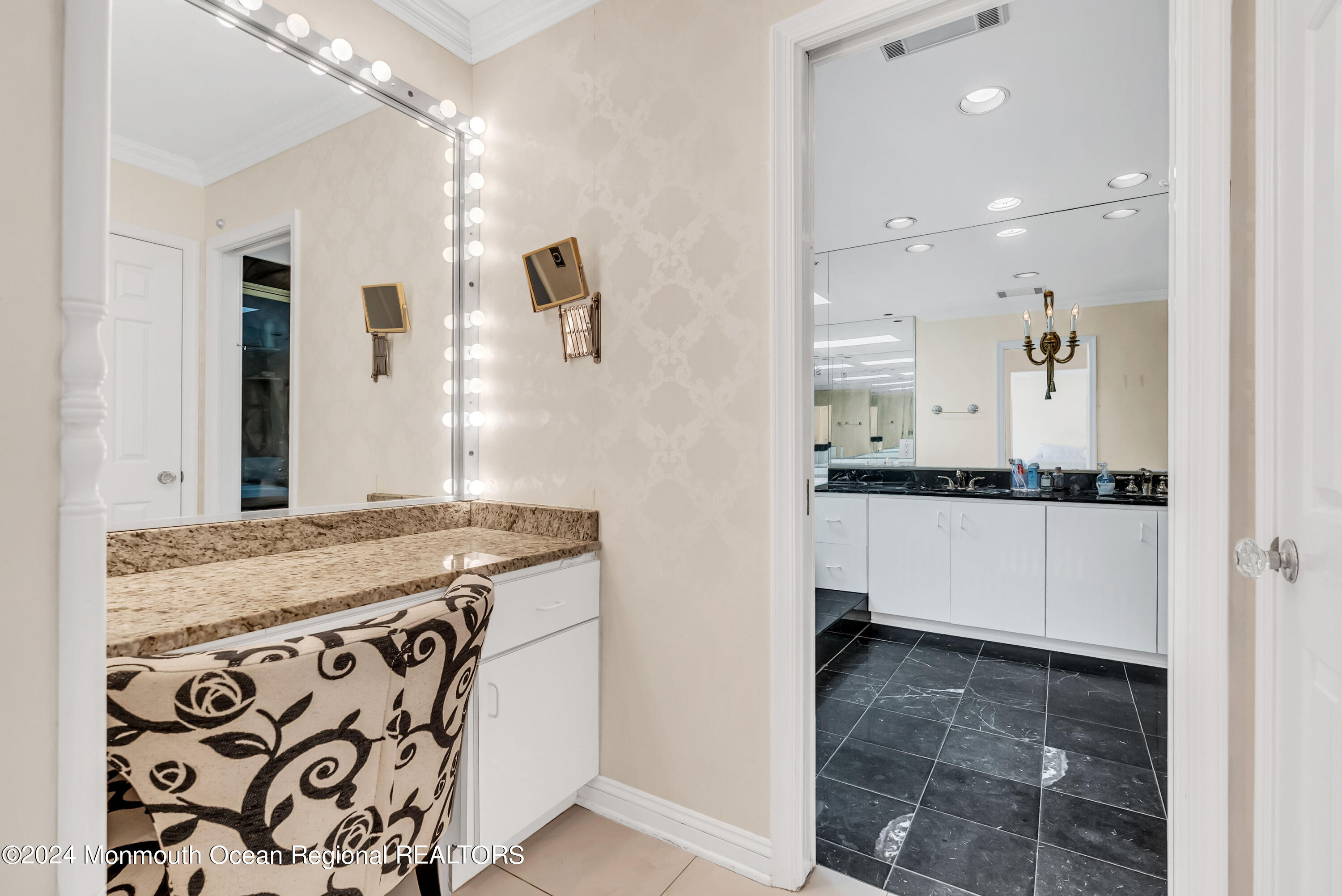 7 Decamp Court West Long Branch, NJ 07764 - Photo 25 of 32 a bathroom with a granite countertop sink a mirror and a shower