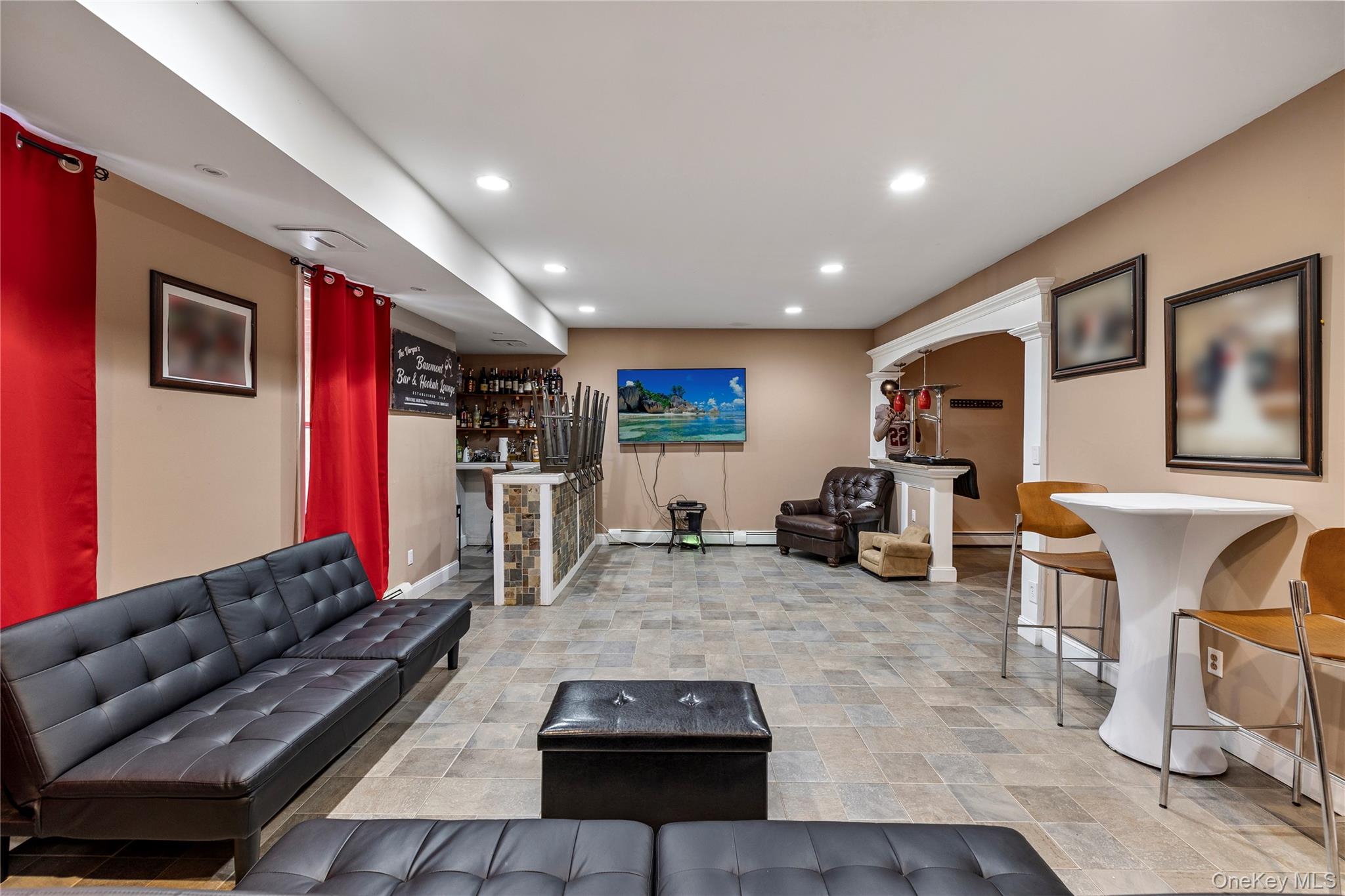 35 Pierce Road Stony Point, NY 10980 - Photo 33 of 45 Living area with a dry bar, stone finish floors, recessed lighting, and a baseboard heating unit
