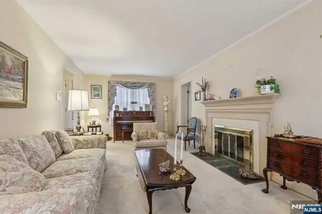 a living room with furniture a rug and a bookshelf