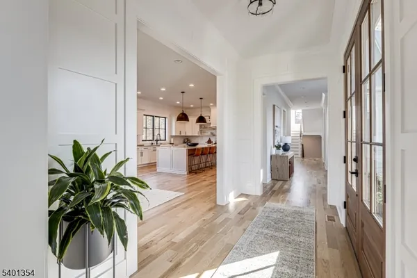 a hallway with potted plants and a living room