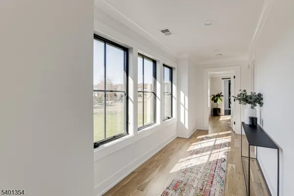 a view of a hallway with wooden floor and a potted plant