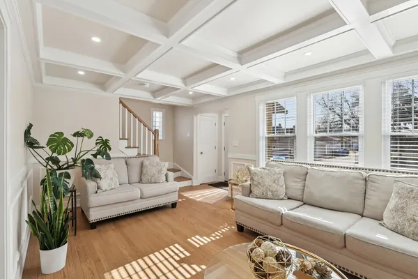 a living room with furniture flowerpot and a chandelier