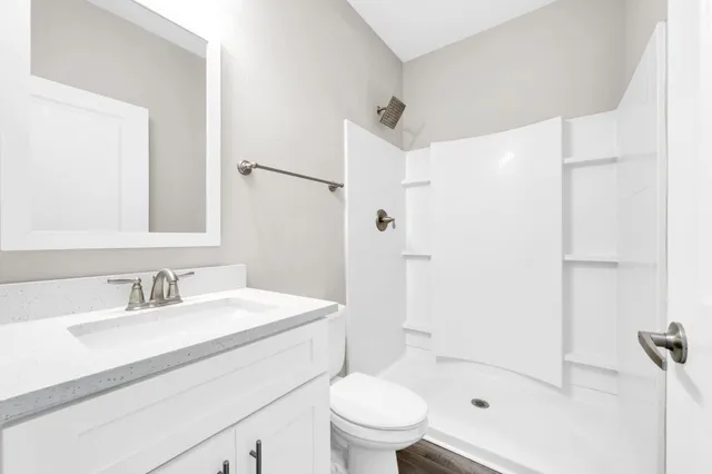 a bathroom with a sink toilet vanity and shower