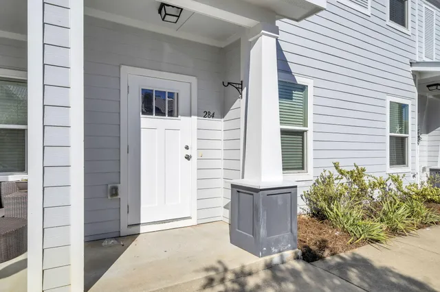 a view of front door and potted plants