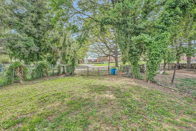 a view of a backyard with large trees