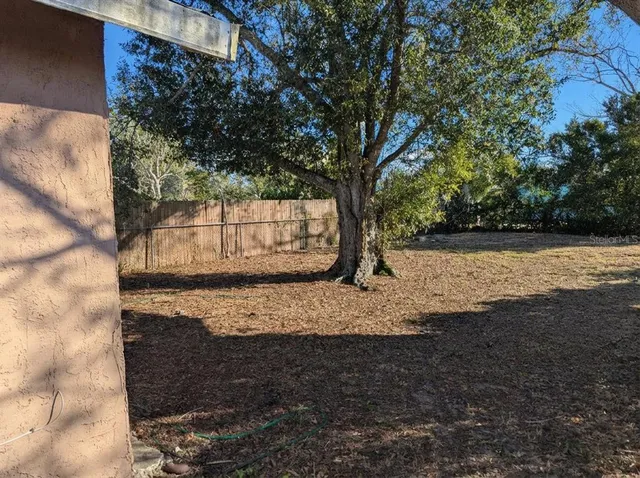a view of a yard with large trees
