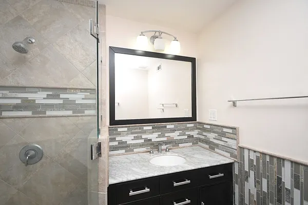 a bathroom with a granite countertop sink mirror and a shower