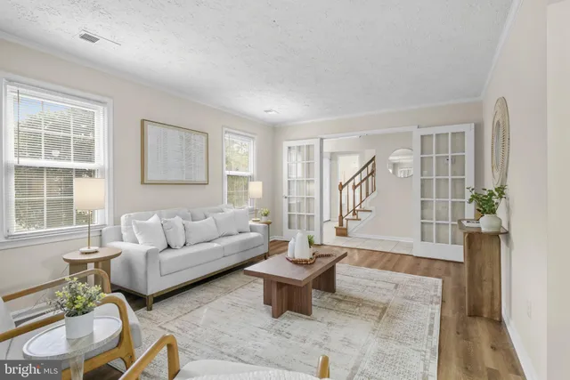 a living room with furniture and a potted plant