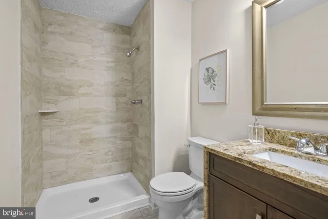 a bathroom with a granite countertop sink a toilet and shower