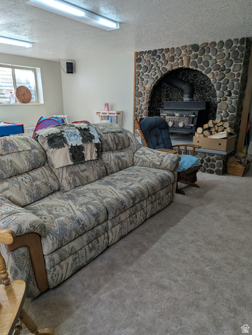 1040 West Mill Road Ferron, UT 84523 - Photo 65 of 117 River rock fireplace surround with an arched opening, featuring a wood-burning stove
