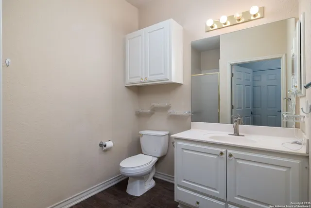 an aerial view of a swimming pool