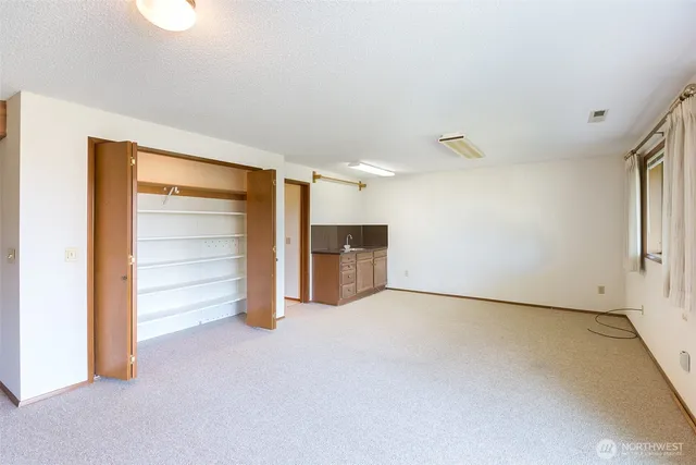 a view of an empty room with a closet