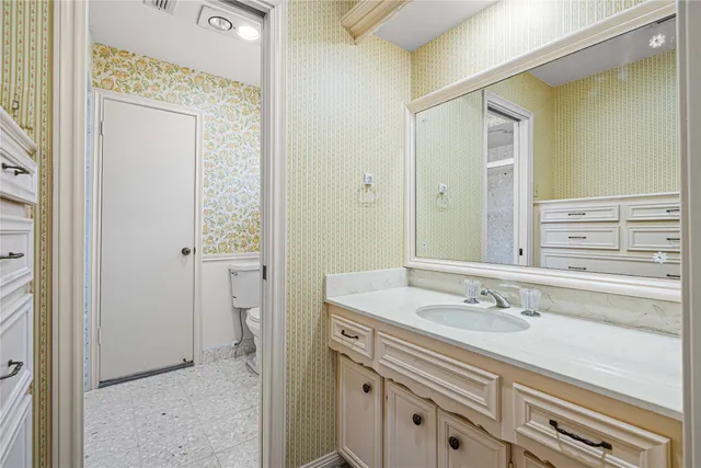 a bathroom with a sink vanity and a mirror
