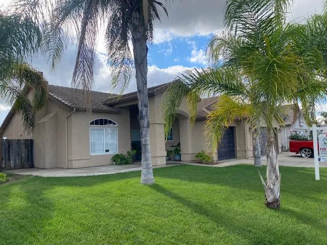 a view of a house with a yard and palm trees