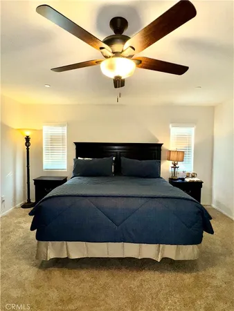 a bedroom with a bed and ceiling fan