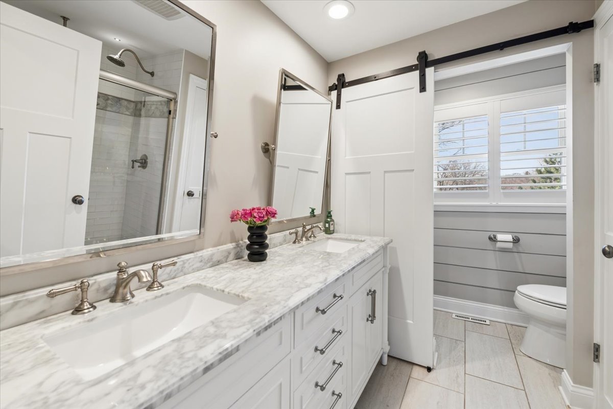 1114 Gamon Road Wheaton, IL 60189 - Photo 36 of 60 a bathroom with a granite countertop sink a toilet and a mirror