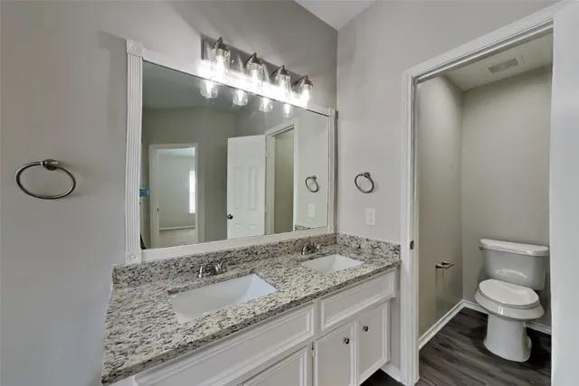 a bathroom with a granite countertop sink a toilet and a large mirror