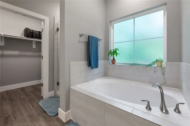 a bathroom with a tub and potted plant