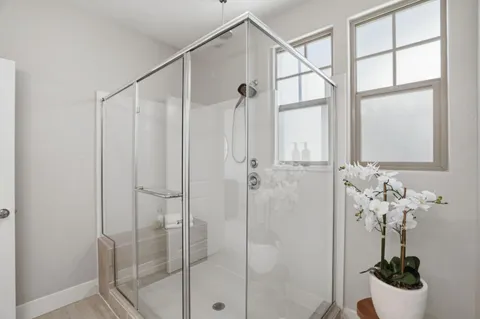 a bathroom with a shower and a sink