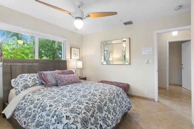 a bedroom with two beds and a large window