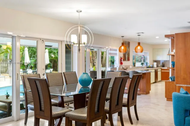 a view of a dining room with furniture window and outside view