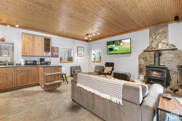 2029 West Tollgate Road Coalville, UT 84017 - Photo 9 of 43 Living area featuring track lighting, a wood stove, and finished concrete floors